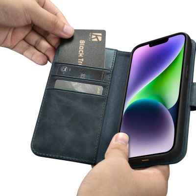12. iCarer Oil Wax Wallet Case 2in1 Case iPhone 14 Anti-RFID Leder Flip Case Blau (WMI14220721-BU)