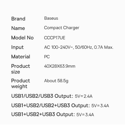 19. Baseus Compact Ladegerät 3x USB 17W schwarz (CCXJ020101)