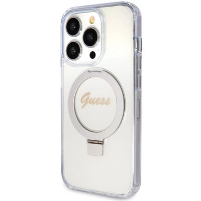 2. Guess Ring Stand Script Glitter MagSafe Hülle für iPhone 15 Pro – transparent