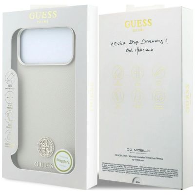 8. Guess MagSafe Hülle mit genarbtem, rundem Strass-Logo für iPhone 18 Pro / 17 Pro – Beige