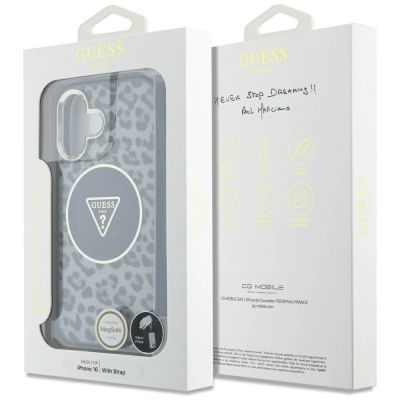 7. Guess HC IML Leopard Triangle Cord Strap MagSafe iPhone 16 Hülle - Schwarz