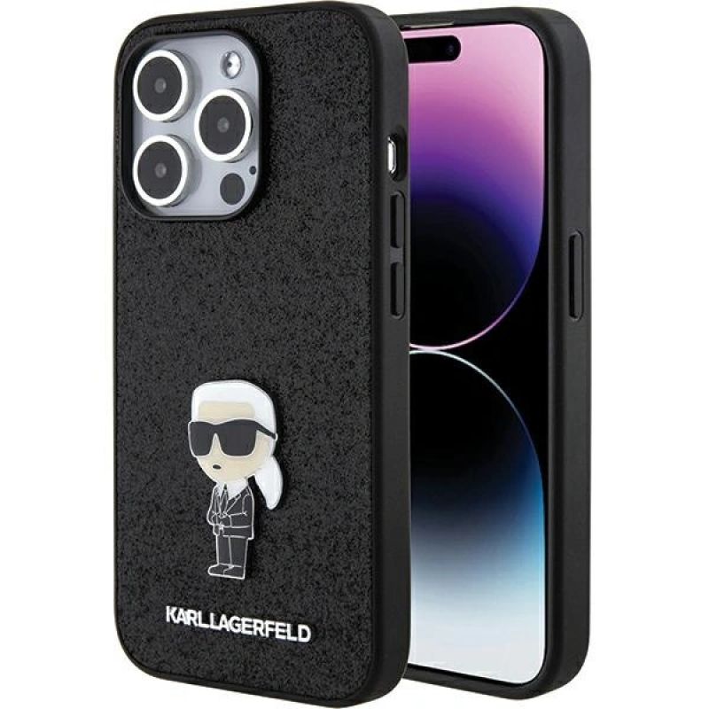 Karl Lagerfeld Glitzer-Ikonik-Logo-Metallhülle für iPhone 15 Pro Max – Schwarz