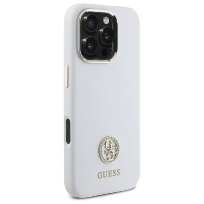 4. Guess Silikon Logo Strass 4G Hülle für iPhone 16 Pro – weiß