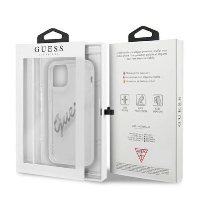 8. Guess GUHCP12MKTRSVSI iPhone 12/12 Pro 6.1" Transparente Hardcase Vintage Script Silver