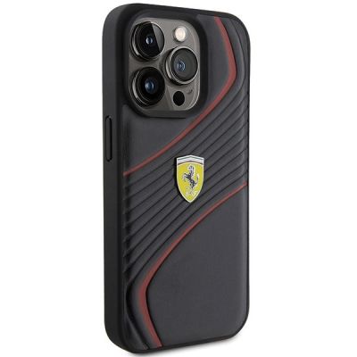 4. Ferrari Twist Metal Logo Hülle für iPhone 15 Pro – Schwarz