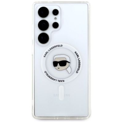 3. Karl Lagerfeld Button Karl Head gedrucktes Logo MagSafe Samsung Galaxy S25 Ultra Hülle weiß