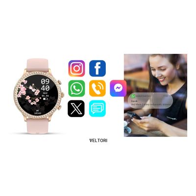 17. VELTORI VT310-1 Damen-Smartwatch, Goldarmband + rosa Silikonarmband