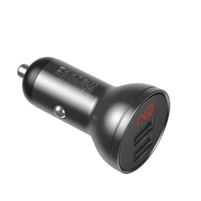 2. Baseus Autoladegerät 2x USB 4,8A 24W mit LCD + 3ins1 Kabel USB - USB Typ C / micro USB / Lightning schwarz (TZCCBX-0G)