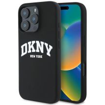 DKNY Silikon-MagSafe-Hülle mit weißem bedrucktem Logo für iPhone 16 Pro Max – Schwarz