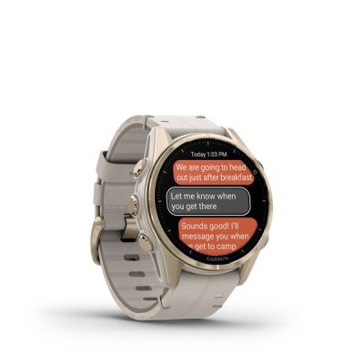 3. Garmin Fenix 8 43mm AMOLED Saphirblau Titan Soft Gold mit limettenfarbenem Lederarmband
