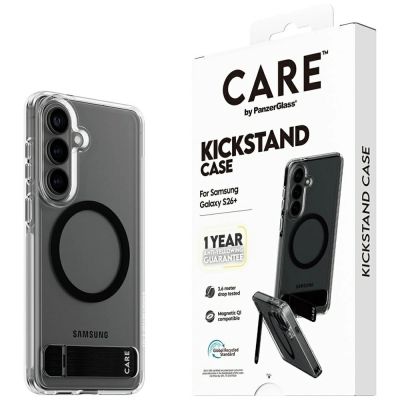 6. CARE by PanzerGlass Schwarze Schutzhülle mit Ständer und Qi-Funktion für Samsung Galaxy S26+ - Transparent