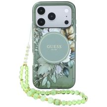 Guess IML Flowers Pearl Strap MagSafe Hülle für iPhone 18 Pro Max / 17 Pro Max – grün