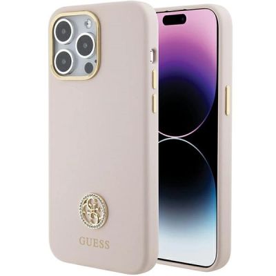 Guess Silicone Logo Strass 4G Case für iPhone 15 Pro Max - Rosa