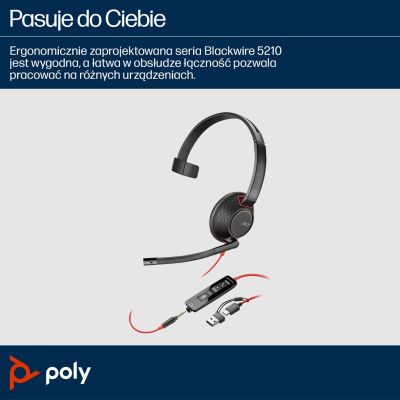 51. POLY Blackwire 5210 Einohr-USB-C-Headset + 3,5-mm-Klinkenstecker + USB-C/A-Adapter