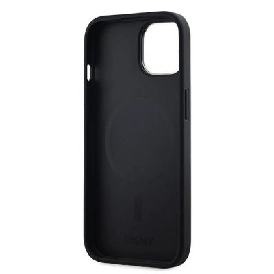 7. DKNY Leder-MagSafe-Hülle mit kariertem Monomuster für iPhone 14/15/13 – Schwarz