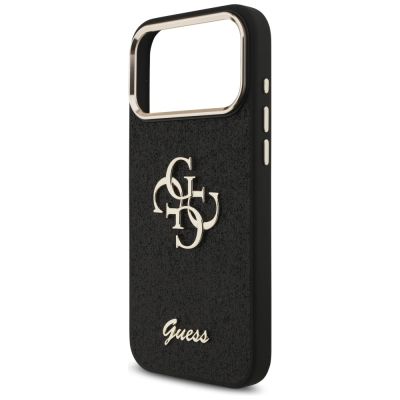 6. Guess Fixed Glitter Big 4G Metal Frame Hülle für iPhone 17 Pro Max - Schwarz