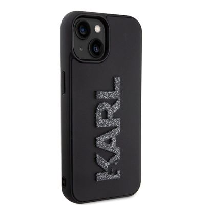 4. Karl Lagerfeld 3D Rubber Glitter Logo Hülle für iPhone 15 – Schwarz