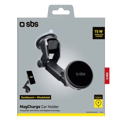 6. SBS TESUPMAGEXTWIR15W Teleskop-Smartphone-Halterung mit kabellosem Ladegerät, MagSafe-kompatibel, für Windschutzscheibe und Armaturenbrett – Schwarz