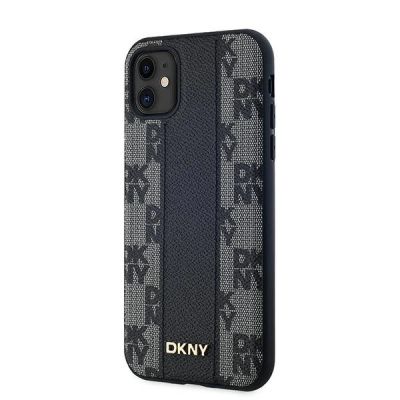 2. DKNY Leder-MagSafe-Hülle mit kariertem Monomuster für iPhone 11 / Xr – Schwarz