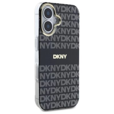 4. DKNY Repeat Texture Pattern With Stripe iPhone 16 Hülle - Schwarz