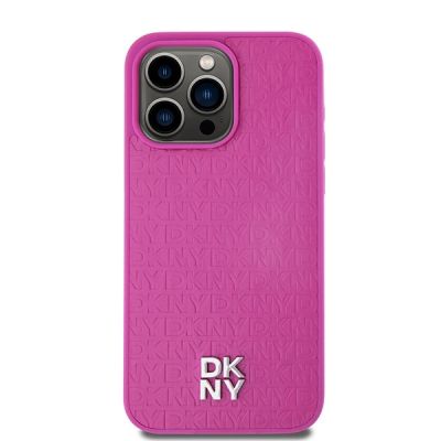 3. DKNY MagSafe-Hülle aus Leder mit Monogrammmuster und Metalllogo für iPhone 15 Pro Max, Pink