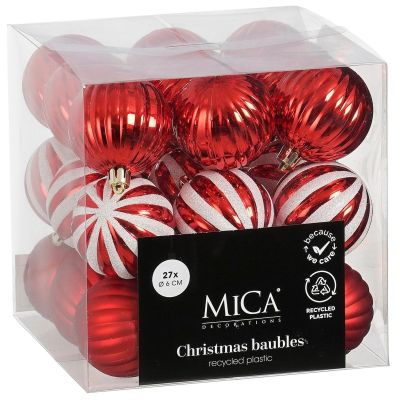 5. Sichere dekorative Kunststoff-Weihnachtskugeln, 27 Stück, 6 cm, rot-weiß, MICA