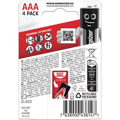 3. ENERGIZER ALKALINE-BATTERIEN MAX AAA LR03, 4 STÜCK, ÖKO-VERPACKUNG