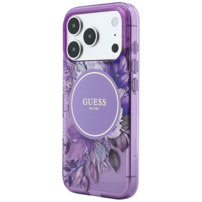 2. Guess IML Flowers Pearl Strap MagSafe Hülle für iPhone 18 Pro / 17 Pro – lila