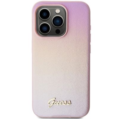 3. Guess Saffiano Iridescent Script Hülle für iPhone 15 Pro – Rosa