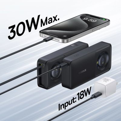 7. Baseus Free2Pull 10000 mAh 30 W Powerbank mit USB-C-Anschluss und einziehbarem USB-C-Kabel – Schwarz