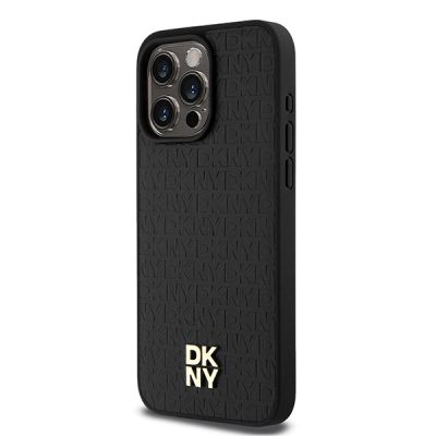 2. DKNY MagSafe-Hülle aus Leder mit Monogrammmuster und Metalllogo für iPhone 15 Pro Max – Schwarz