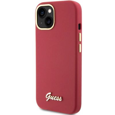 2. Guess Silikon Script Metal Logo & Frame Hülle für iPhone 15 – Rot