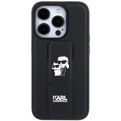 3. Karl Lagerfeld Gripstand Saffiano Karl&Choupette Pins Hülle für iPhone 14 Pro – Schwarz