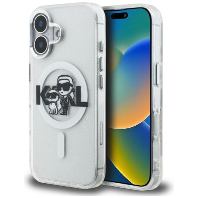 Karl Lagerfeld IML Glitter Karl & Choupette Sketch Logo MagSafe Hülle für iPhone 16 - Transparent