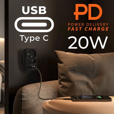 4. MACLEAN Steckdosenleiste x2 + 4xUSB, Verteiler mit 2 Steckdosen, 2xUSB-A, 2xUSB-C PD 20W, 1x16A + 1x6A MCE249 F/B