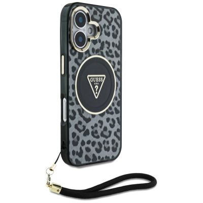 3. Guess HC IML Leopard Triangle Cord Strap MagSafe iPhone 16 Hülle - Schwarz