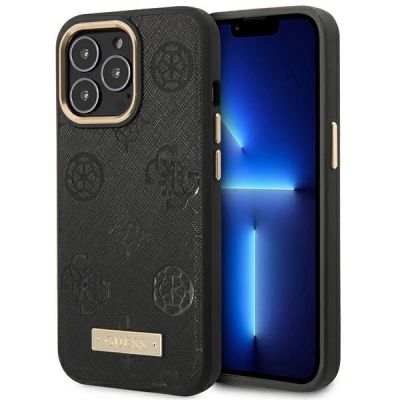 Guess GUHMP14LSAPSTK iPhone 14 Pro 6,1" schwarz/schwarzes Hardcase Peony Logo Plate MagSafe