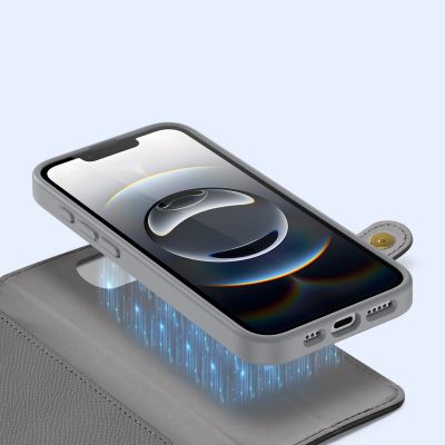 6. Dux Ducis Lawa Lederhülle für iPhone 16e / 17e mit abnehmbarer magnetischer Brieftasche – Grau