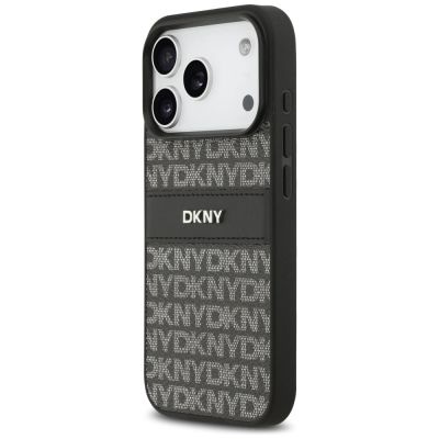 2. DKNY iPhone 17 Pro Hülle mit sich wiederholendem Texturmuster und Ton-in-Ton-Streifen – Schwarz