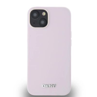 3. DKNY Flüssigsilikon-MagSafe-Hülle mit kleinem Metalllogo für iPhone 14/15/13 – Rosa