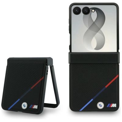 BMW M Lederhülle mit perforiertem dreifarbigem Streifenmuster, Metalllogos und MagSafe-Funktion für Samsung Galaxy Z Flip 8 – Schwarz