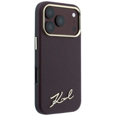 4. Karl Lagerfeld Saffiano MagSafe-Hülle mit kleinem Schriftzug und Metalllogo für iPhone 17 Pro / 18 Pro – bordeauxrot