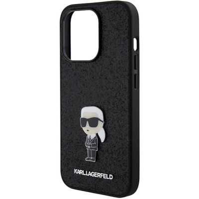 6. Karl Lagerfeld Glitzer-Ikonik-Logo-Metallhülle für iPhone 15 Pro Max – Schwarz