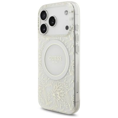 3. Guess IML Blumenmuster, galvanisiert, mit Perlmuttriemen und MagSafe-Hülle für iPhone 18 Pro / 17 Pro – Weiß