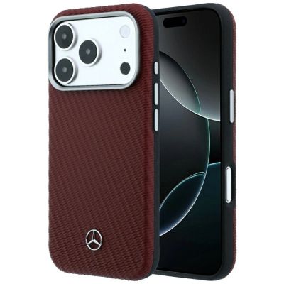 Mercedes Leder-Halbhülle in Holzoptik mit MagSafe-Funktion für iPhone 17 Pro / 18 Pro – Burgunderrot