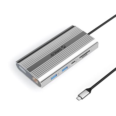 Orico XDR 12-in-1 USB-C Dockingstation mit USB-A-, USB-C-, 2x HDMI 4K 60Hz-, DisplayPort 4K 60Hz-, RJ45 Gigabit PD 100W- und SD-/microSD-Kartenleser – Silber