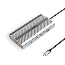 Orico XDR 12-in-1 USB-C Dockingstation mit USB-A-, USB-C-, 2x HDMI 4K 60Hz-, DisplayPort 4K 60Hz-, RJ45 Gigabit PD 100W- und SD-/microSD-Kartenleser – Silber