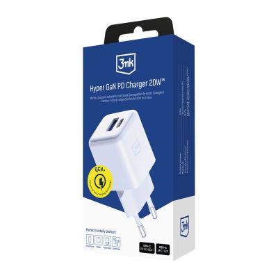 15. 3mk Hyper GaN Ladegerät 20W QC4+ PD PPS USB-C USB-A Wandladegerät - Weiß