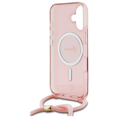 6. Guess Crossbody Cord Script MagSafe-Hülle für iPhone 16 – Rosa
