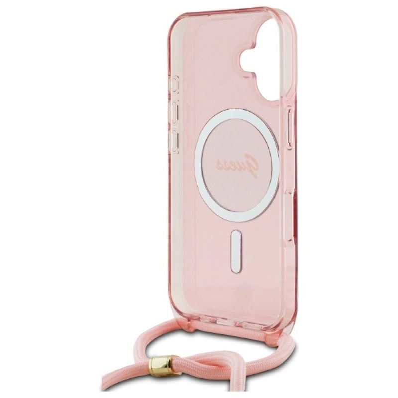 6. Guess Crossbody Cord Script MagSafe-Hülle für iPhone 16 – Rosa